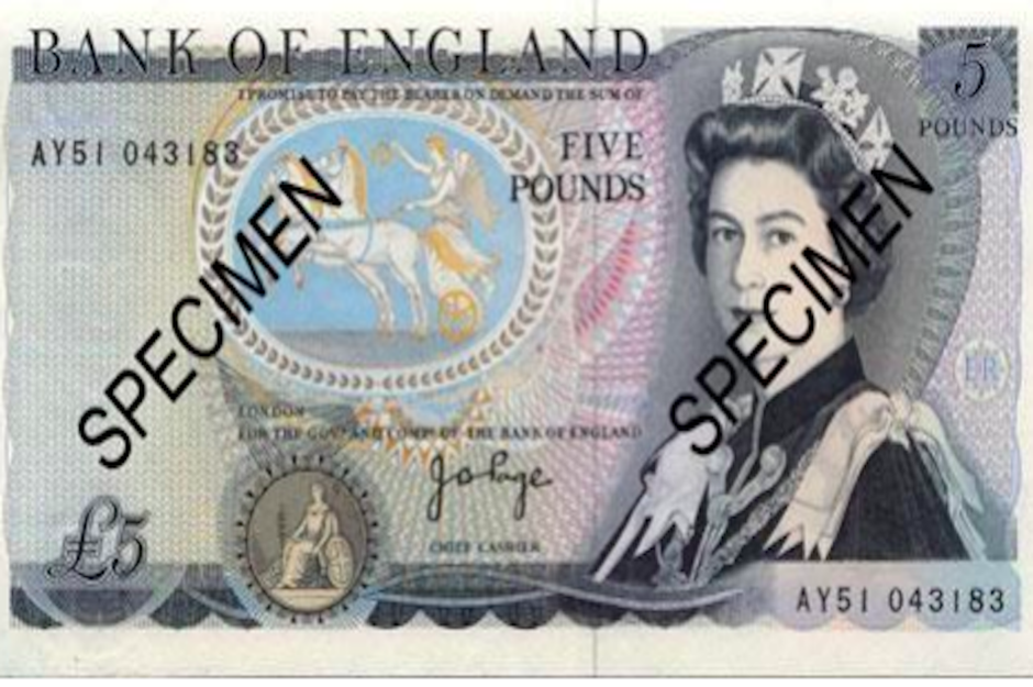 English five pound note (1971)